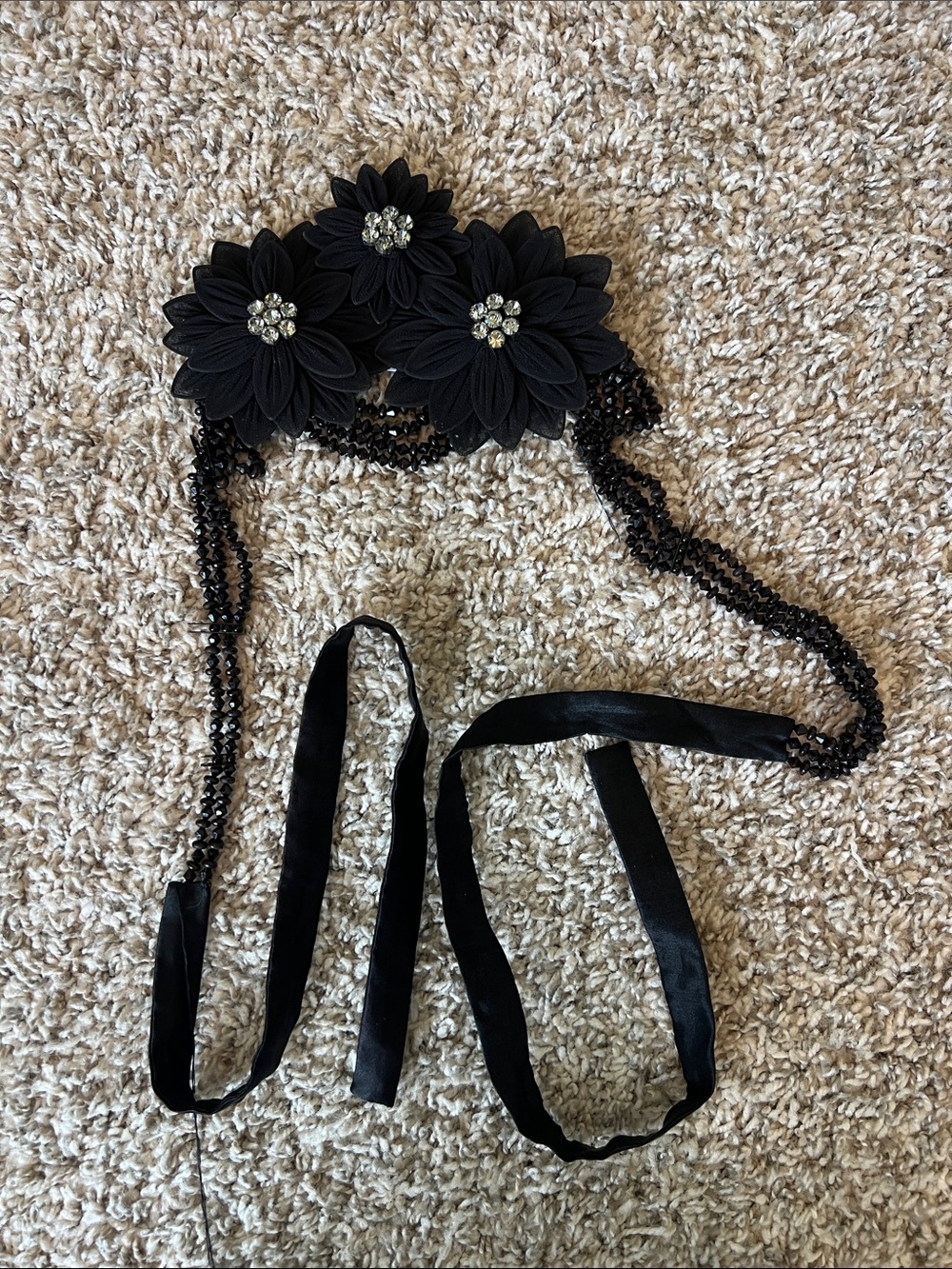RARE Vintage Armani Collection Black Floral Beaded Waist Belt with Ribbon Tie
